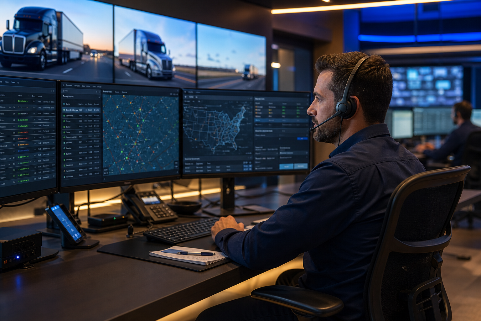 Dedicated fleet operations manager at a 24/7 freight dispatch desk